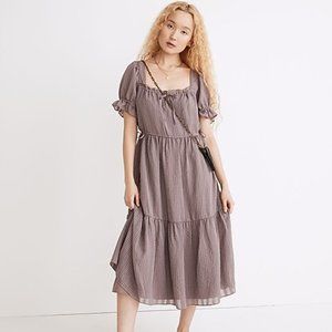 153 Madewell Square-Neck Tiered Midi Dress in Textured Seersucker Fig sz XXL